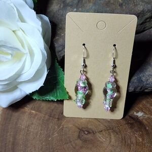 Hand Crafted Lampwork Glass Pink and Green Earrings With Pink Crystal Beads